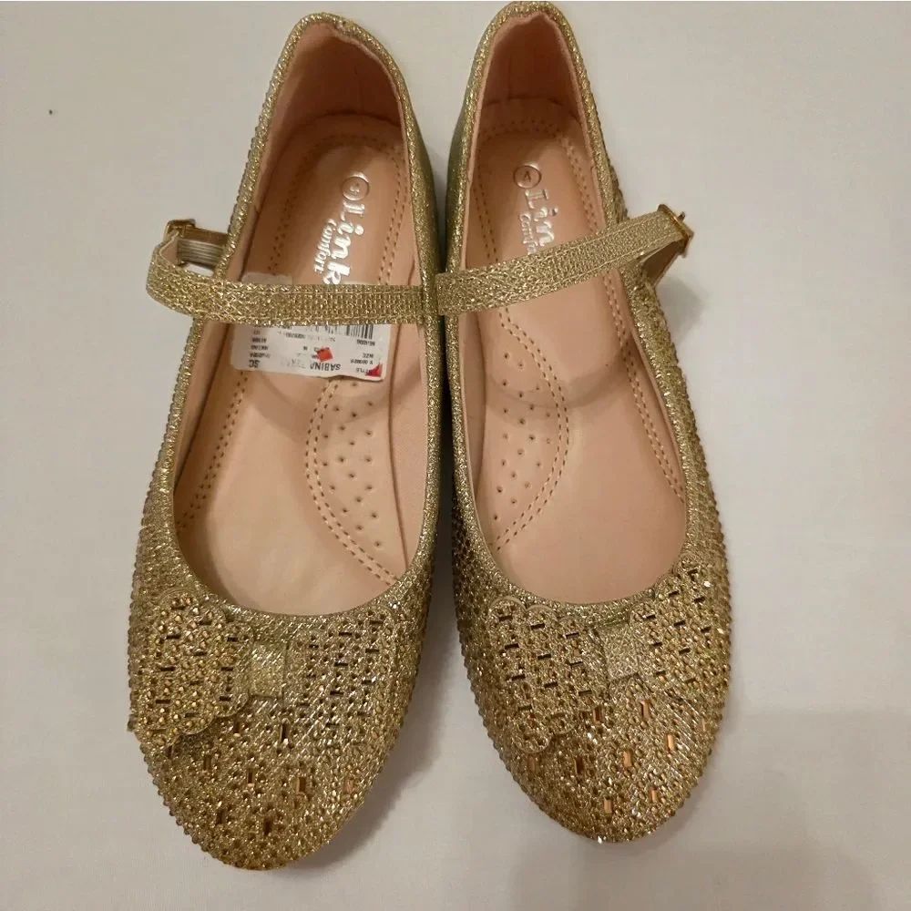 BRAND NEW LINK COMFORT GLITTERY GOLD BOWNOT DESIGN GILD MARY JANE STYLE SHOES